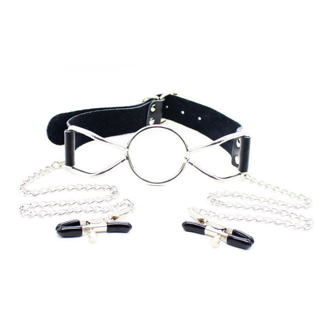Leather ring gag with nipple clamps L