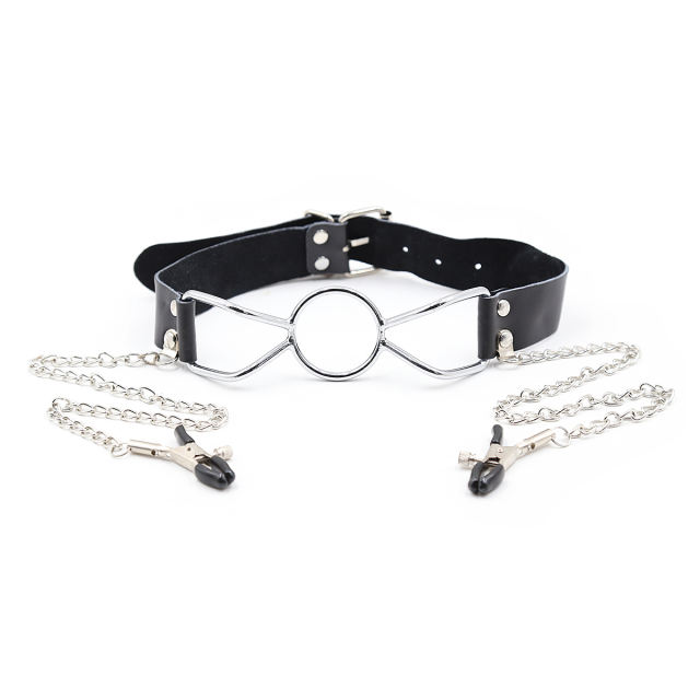 Leather ring gag with nipple clamps M