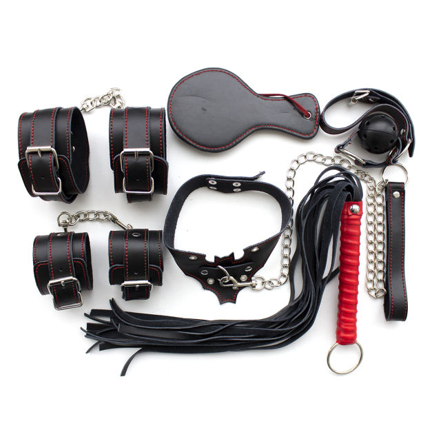 Leather Material Bondage 7 set(wrist & ankle restraints, eye mask, whip, collar, paddle & ball gag )