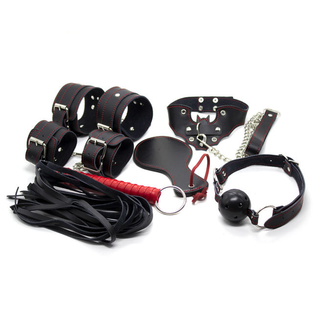 Leather Material Bondage 7 set(wrist & ankle restraints, eye mask, whip, collar, paddle & ball gag )