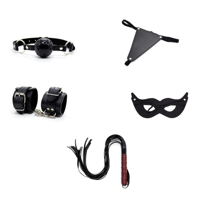 Bondage 5 set(wrist restraints, eye mask, whip, ball gag & G-string)