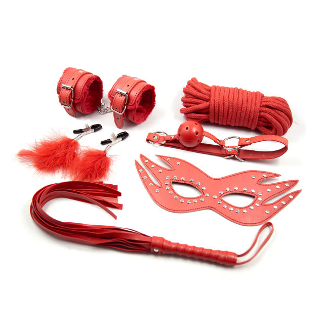 Bondage 6 set(wrist  restraints, eye mask, nipple clamps, whip, ball gag & 5 M rope)