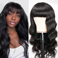 Cheveux ondulés naturels Body Wave Bang perruques moins cher pas perruque de dentelle