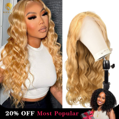 Caramel Blonde Body Wave Transparnet Lace frontal Wig 180% Density Pre plucked Hairline 27#