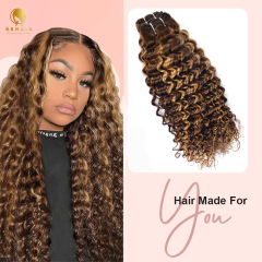 Luxurious Honey Blonde Highlight Deep Wave Human Hair Weave Bundles #4/27 Color
