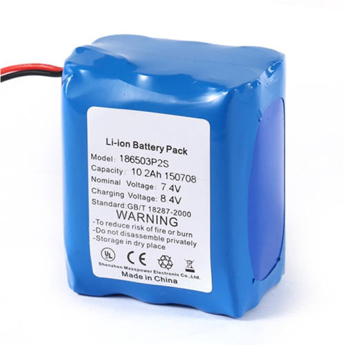 Factory direct 7.4V 10.2Ah 18650 rechargeable lithium battery pack for consumer electronic