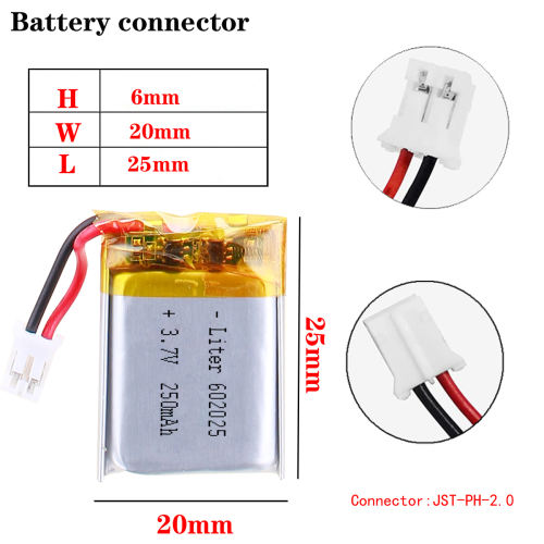 3.7V 250mah 602025 Li-polymer Rechargeable Battery For  Smart Watch LED Lamps Bluetooth Speakers With 2pin PH 2.0mm Plug