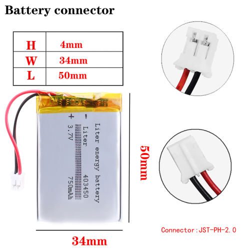 3.7V 403450 750mah Liter energy battery Rechargeable battery for smart phone DVD mp3 mp4 Led Lamp camera With 2pin PH 2.0mm Plug