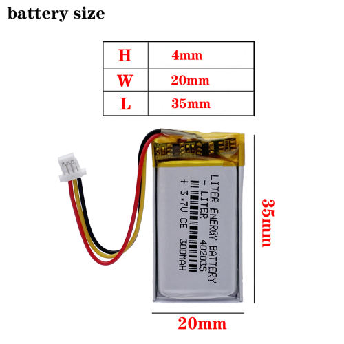 3.7V 300mAh 402035 Lithium Polymer LiPo battery with JST for Handheld GPS Mp3 Bluetooth Xiaomi Yi smart dash camera DVR