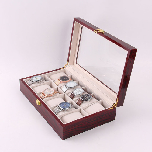 Luxury Gift Classic Wine Red Storage Watch Box, Wooden Watch Organizer, 12 Slots Display Case, Cherry