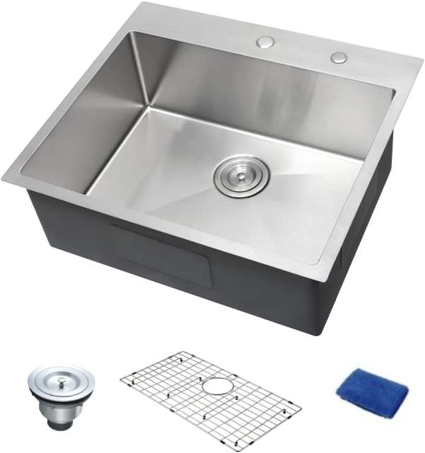 25x22 inch Handmade Topmount Sink Drop-In 16 Gauge Stainless Steel Single Bowl Kitchen Sinks with 2 Holes for Faucet & Soap Dispenser, Basket Strainer,Bottom Grid and Kitchen Towel