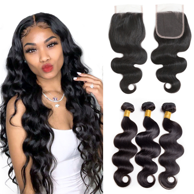 Hair Body Wave 4*4 invisible knotted lace hair band 3 bundles of virgin hair