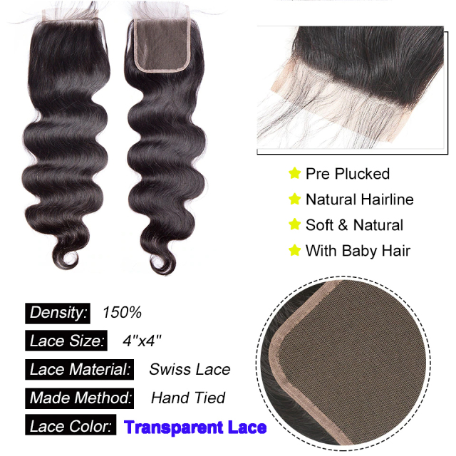 Hair Body Wave 4*4 invisible knotted lace hair band 3 bundles of virgin hair