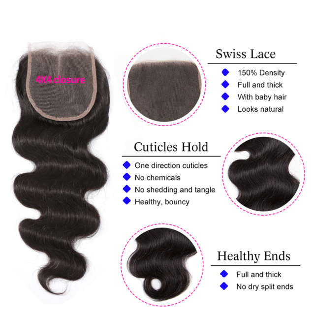 Hair Body Wave 4*4 invisible knotted lace hair band 3 bundles of virgin hair