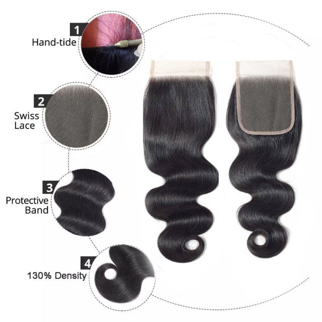 Hair Body Wave 4*4 invisible knotted lace hair band 3 bundles of virgin hair