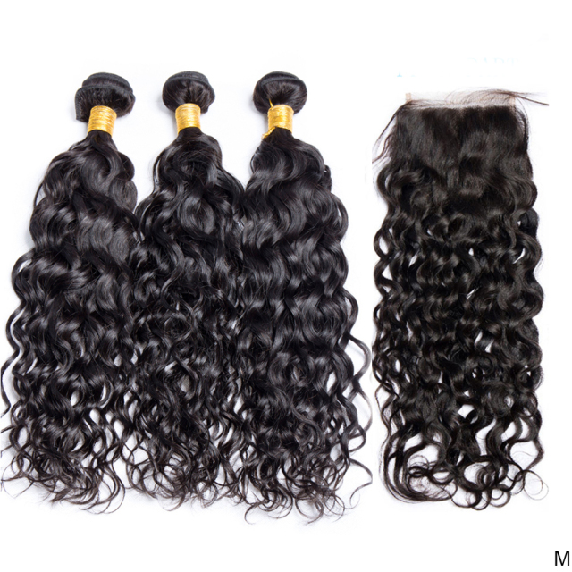 Hair Water Wave 4*4 invisible knotted lace hair band 3 bundles of virgin hair