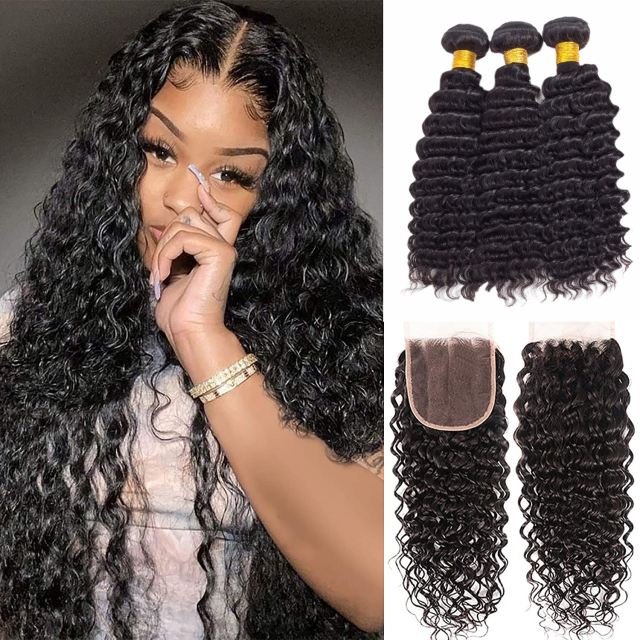 Hair Deep Wave 4*4 invisible knotted lace hair band 3 bundles of virgin hair