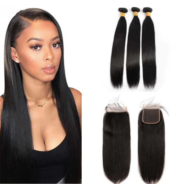 Hair straight 4*4 invisible knotted lace hair band 3 bundles of virgin hair