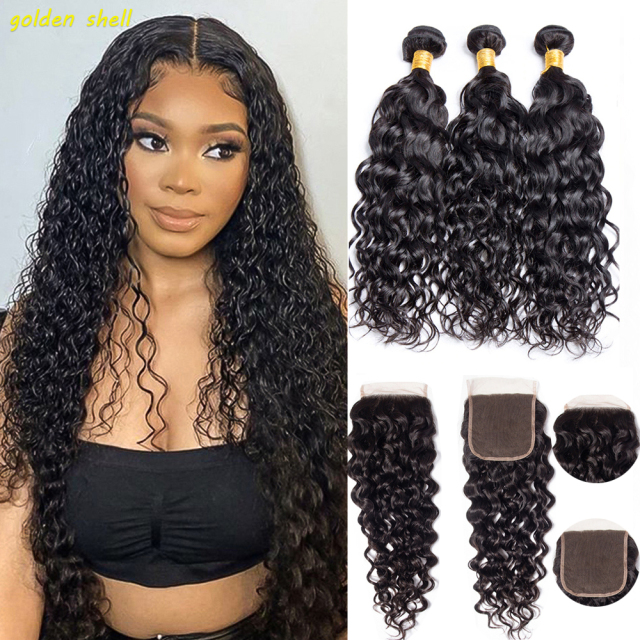 Hair Water Wave 4*4 invisible knotted lace hair band 3 bundles of virgin hair