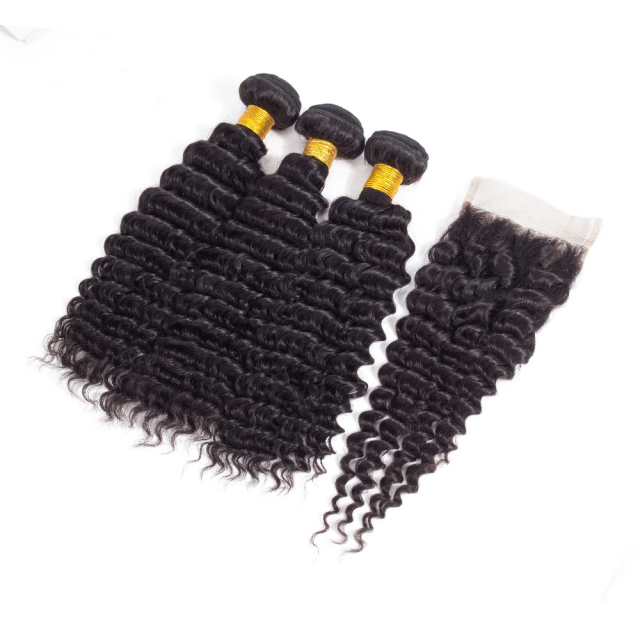 Hair Deep Wave 4*4 invisible knotted lace hair band 3 bundles of virgin hair