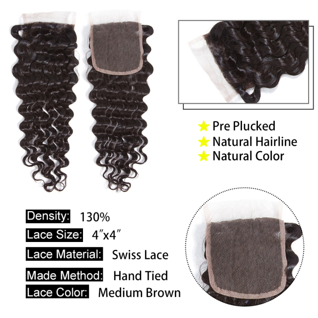 Hair Deep Wave 4*4 invisible knotted lace hair band 3 bundles of virgin hair