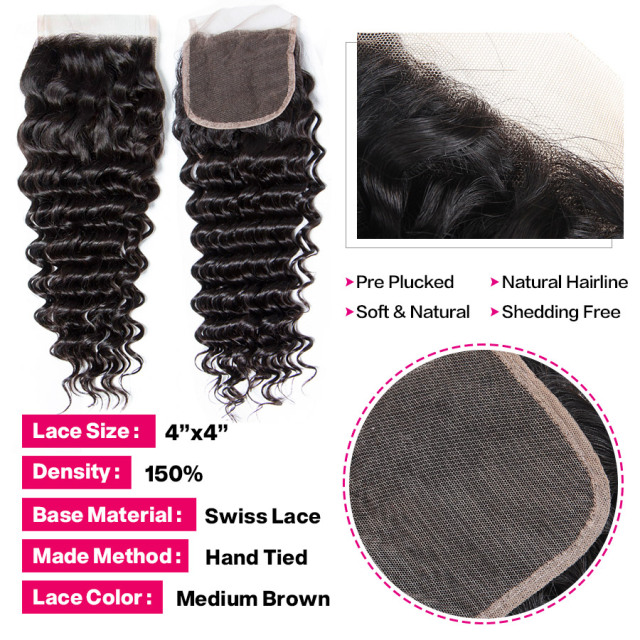 4&quot;X 4&quot; Lace Closure Brazilian Virgin Hair deep Wave 100% Human Hair Lace Closure