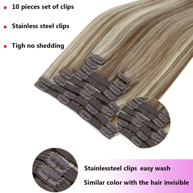 Clip in Hair Extensions Human Hair highlights light Brown Color 6 to Color 613 Bleach Blonde Highlighted Clip in Human Hair Extensions 18 Inch Clip in Real Hair 120 Gram 10 Pcs