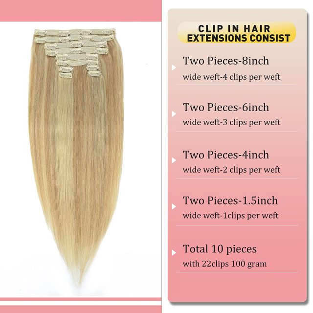 Clip in Hair Extensions Human Hair highlights light Brown Color 6 to Color 613 Bleach Blonde Highlighted Clip in Human Hair Extensions 18 Inch Clip in Real Hair 120 Gram 10 Pcs