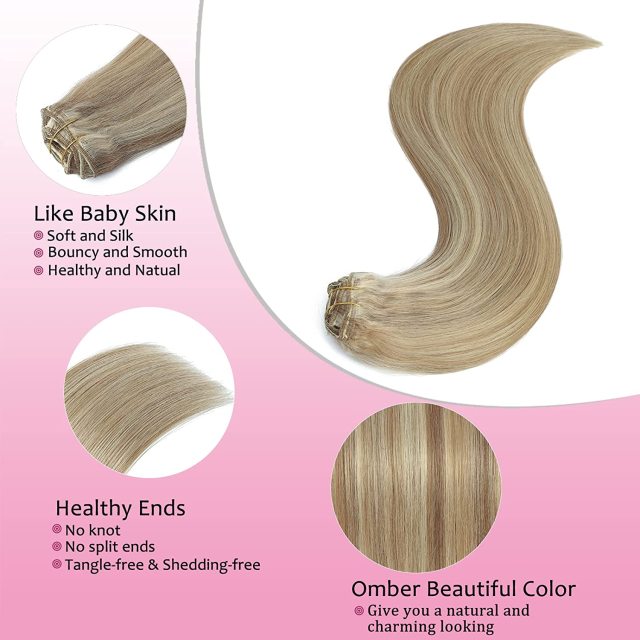 Clip in Hair Extensions Human Hair highlights light Brown Color 6 to Color 613 Bleach Blonde Highlighted Clip in Human Hair Extensions 18 Inch Clip in Real Hair 120 Gram 10 Pcs