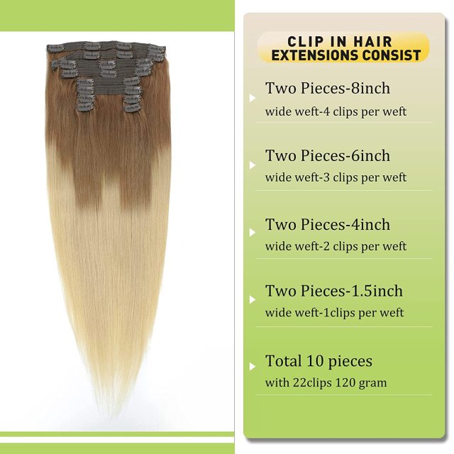 Clip in Hair Extensions Human Hair highlights light Brown Color 6 to Color 613 Bleach Blonde Highlighted Clip in Human Hair Extensions 18 Inch Clip in Real Hair 120 Gram 10 Pcs