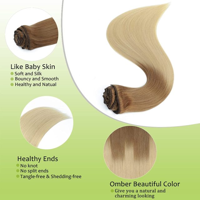 Clip in Hair Extensions Human Hair highlights light Brown Color 6 to Color 613 Bleach Blonde Highlighted Clip in Human Hair Extensions 18 Inch Clip in Real Hair 120 Gram 10 Pcs