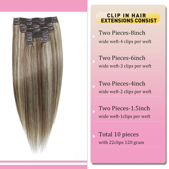 Clip in Hair Extensions Human Hair highlights light Brown Color 6 to Color 613 Bleach Blonde Highlighted Clip in Human Hair Extensions 18 Inch Clip in Real Hair 120 Gram 10 Pcs