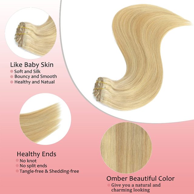 Clip in Hair Extensions Human Hair highlights light Brown Color 6 to Color 613 Bleach Blonde Highlighted Clip in Human Hair Extensions 18 Inch Clip in Real Hair 120 Gram 10 Pcs