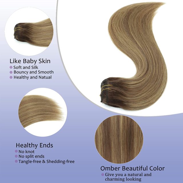 Clip in Hair Extensions Human Hair highlights light Brown Color 6 to Color 613 Bleach Blonde Highlighted Clip in Human Hair Extensions 18 Inch Clip in Real Hair 120 Gram 10 Pcs