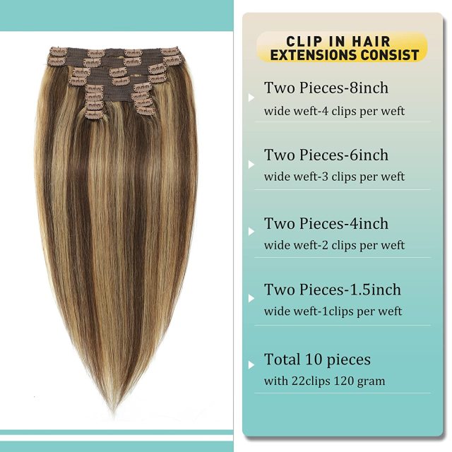 Clip in Hair Extensions Human Hair highlights light Brown Color 6 to Color 613 Bleach Blonde Highlighted Clip in Human Hair Extensions 18 Inch Clip in Real Hair 120 Gram 10 Pcs