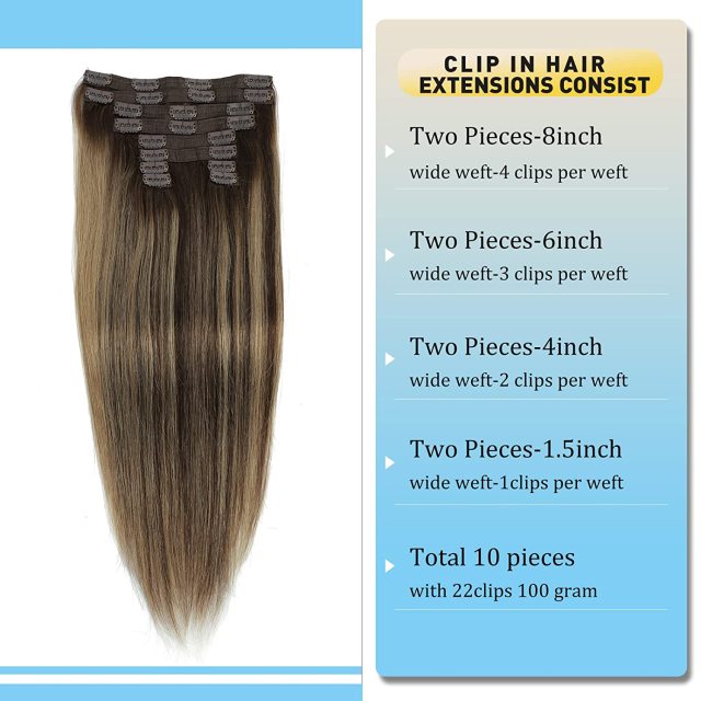 Clip in Hair Extensions Human Hair highlights light Brown Color 6 to Color 613 Bleach Blonde Highlighted Clip in Human Hair Extensions 18 Inch Clip in Real Hair 120 Gram 10 Pcs