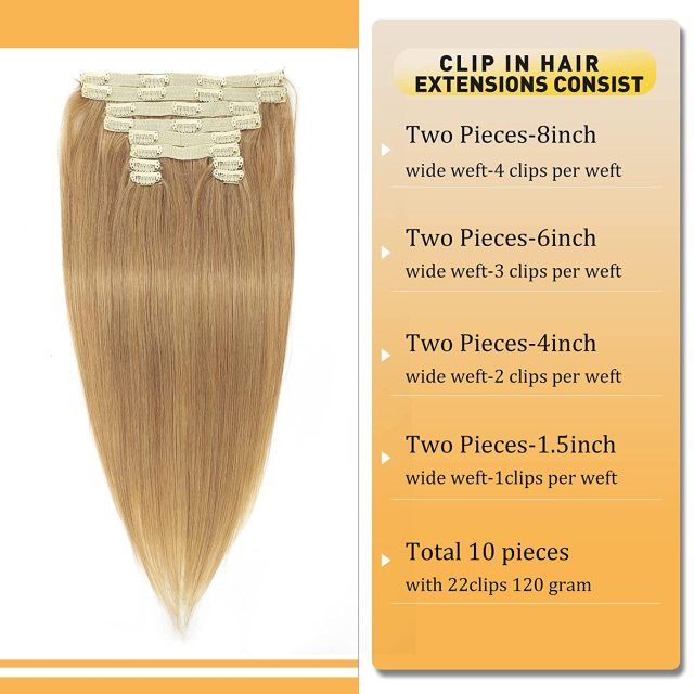 Clip in Hair Extensions Human Hair highlights light Brown Color 6 to Color 613 Bleach Blonde Highlighted Clip in Human Hair Extensions 18 Inch Clip in Real Hair 120 Gram 10 Pcs