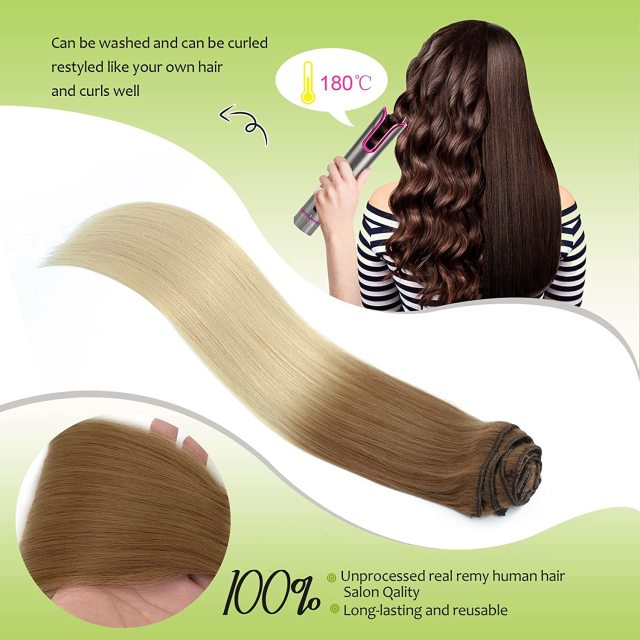 Clip in Hair Extensions Human Hair highlights light Brown Color 6 to Color 613 Bleach Blonde Highlighted Clip in Human Hair Extensions 18 Inch Clip in Real Hair 120 Gram 10 Pcs