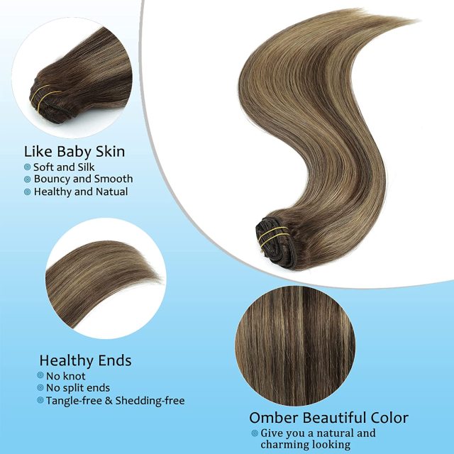 Clip in Hair Extensions Human Hair highlights light Brown Color 6 to Color 613 Bleach Blonde Highlighted Clip in Human Hair Extensions 18 Inch Clip in Real Hair 120 Gram 10 Pcs