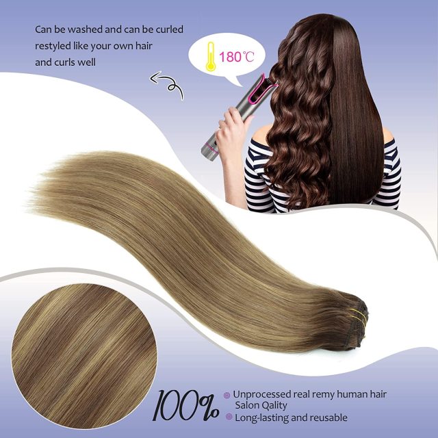 Clip in Hair Extensions Human Hair highlights light Brown Color 6 to Color 613 Bleach Blonde Highlighted Clip in Human Hair Extensions 18 Inch Clip in Real Hair 120 Gram 10 Pcs