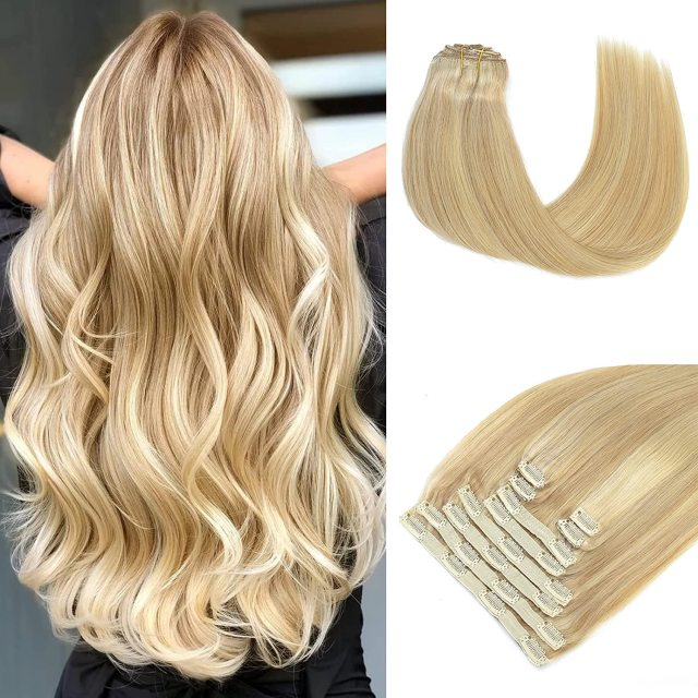 Clip in Hair Extensions Human Hair highlights light Brown Color 6 to Color 613 Bleach Blonde Highlighted Clip in Human Hair Extensions 18 Inch Clip in Real Hair 120 Gram 10 Pcs