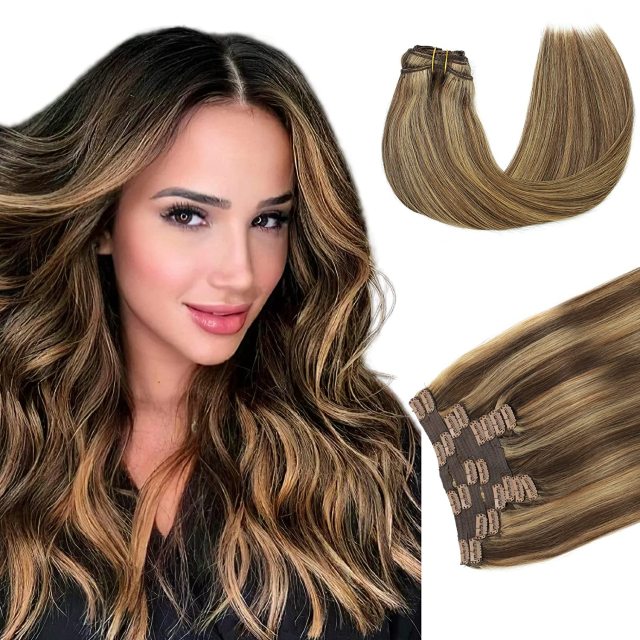 Clip in Hair Extensions Human Hair highlights light Brown Color 6 to Color 613 Bleach Blonde Highlighted Clip in Human Hair Extensions 18 Inch Clip in Real Hair 120 Gram 10 Pcs