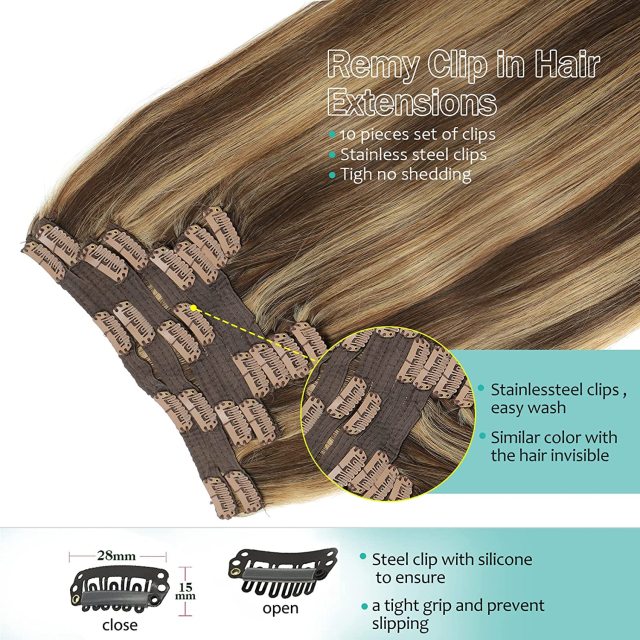 Clip in Hair Extensions Human Hair highlights light Brown Color 6 to Color 613 Bleach Blonde Highlighted Clip in Human Hair Extensions 18 Inch Clip in Real Hair 120 Gram 10 Pcs