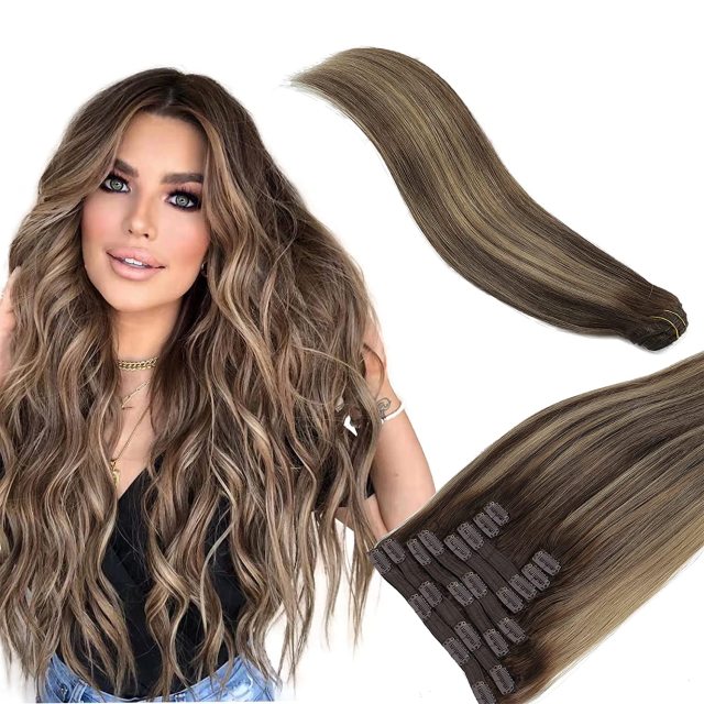 Clip in Hair Extensions Human Hair highlights light Brown Color 6 to Color 613 Bleach Blonde Highlighted Clip in Human Hair Extensions 18 Inch Clip in Real Hair 120 Gram 10 Pcs