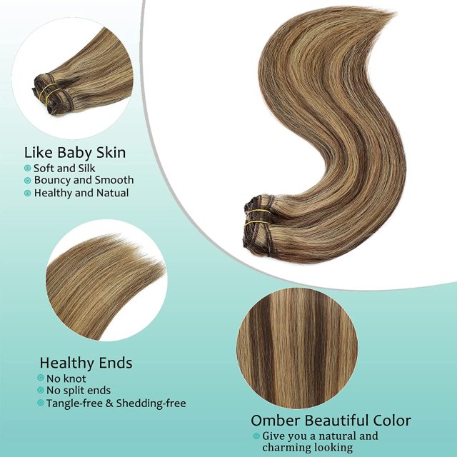 Clip in Hair Extensions Human Hair highlights light Brown Color 6 to Color 613 Bleach Blonde Highlighted Clip in Human Hair Extensions 18 Inch Clip in Real Hair 120 Gram 10 Pcs