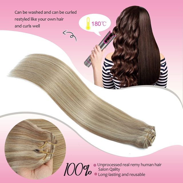 Clip in Hair Extensions Human Hair highlights light Brown Color 6 to Color 613 Bleach Blonde Highlighted Clip in Human Hair Extensions 18 Inch Clip in Real Hair 120 Gram 10 Pcs