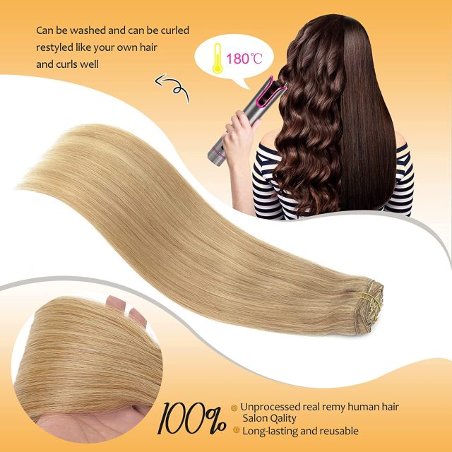 Clip in Hair Extensions Human Hair highlights light Brown Color 6 to Color 613 Bleach Blonde Highlighted Clip in Human Hair Extensions 18 Inch Clip in Real Hair 120 Gram 10 Pcs