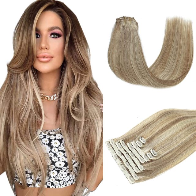 Clip in Hair Extensions Human Hair highlights light Brown Color 6 to Color 613 Bleach Blonde Highlighted Clip in Human Hair Extensions 18 Inch Clip in Real Hair 120 Gram 10 Pcs