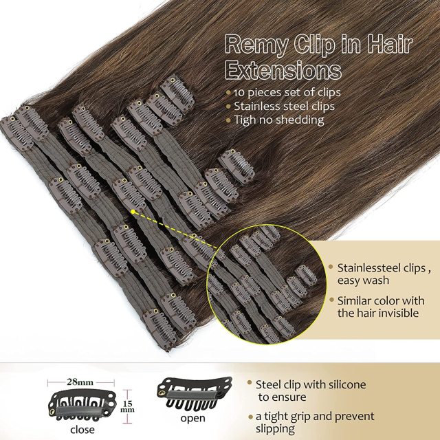 Clip in Hair Extensions Human Hair highlights light Brown Color 6 to Color 613 Bleach Blonde Highlighted Clip in Human Hair Extensions 18 Inch Clip in Real Hair 120 Gram 10 Pcs