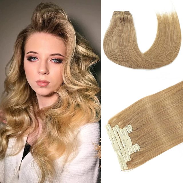 Clip in Hair Extensions Human Hair highlights light Brown Color 6 to Color 613 Bleach Blonde Highlighted Clip in Human Hair Extensions 18 Inch Clip in Real Hair 120 Gram 10 Pcs